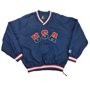 Vtg Starter Jacket Mens Large Blue USA Pullover V-Neck Windbreaker Lined Nylon